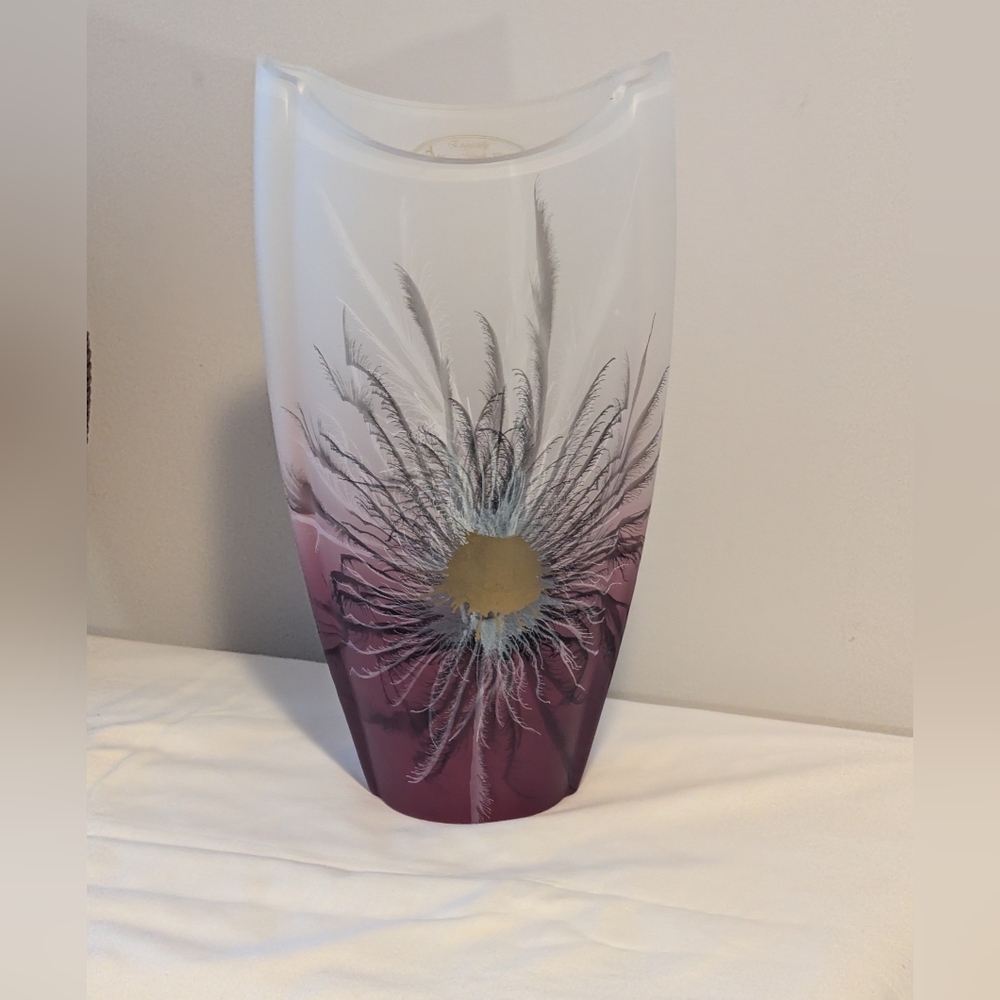 Elegant White and Cranberry Colour Vase with Feather Burst. Poland. Mouth Blown.